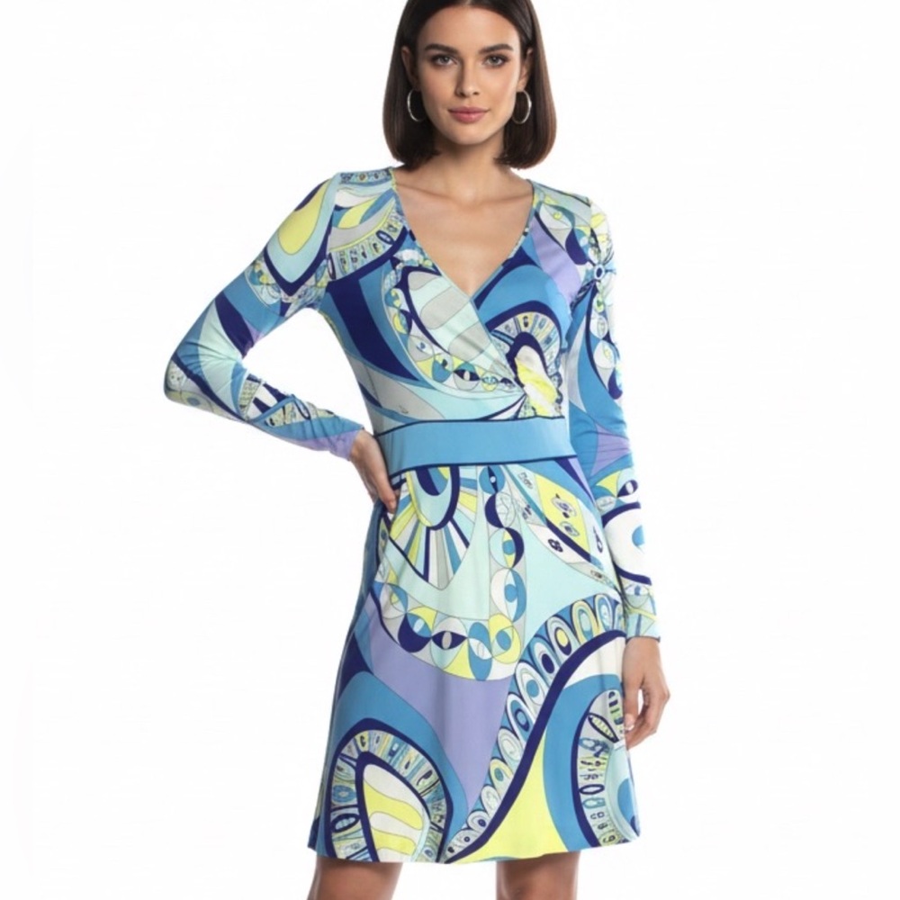 Emilio Pucci Print Long Sleeve Mini Wrap Dress